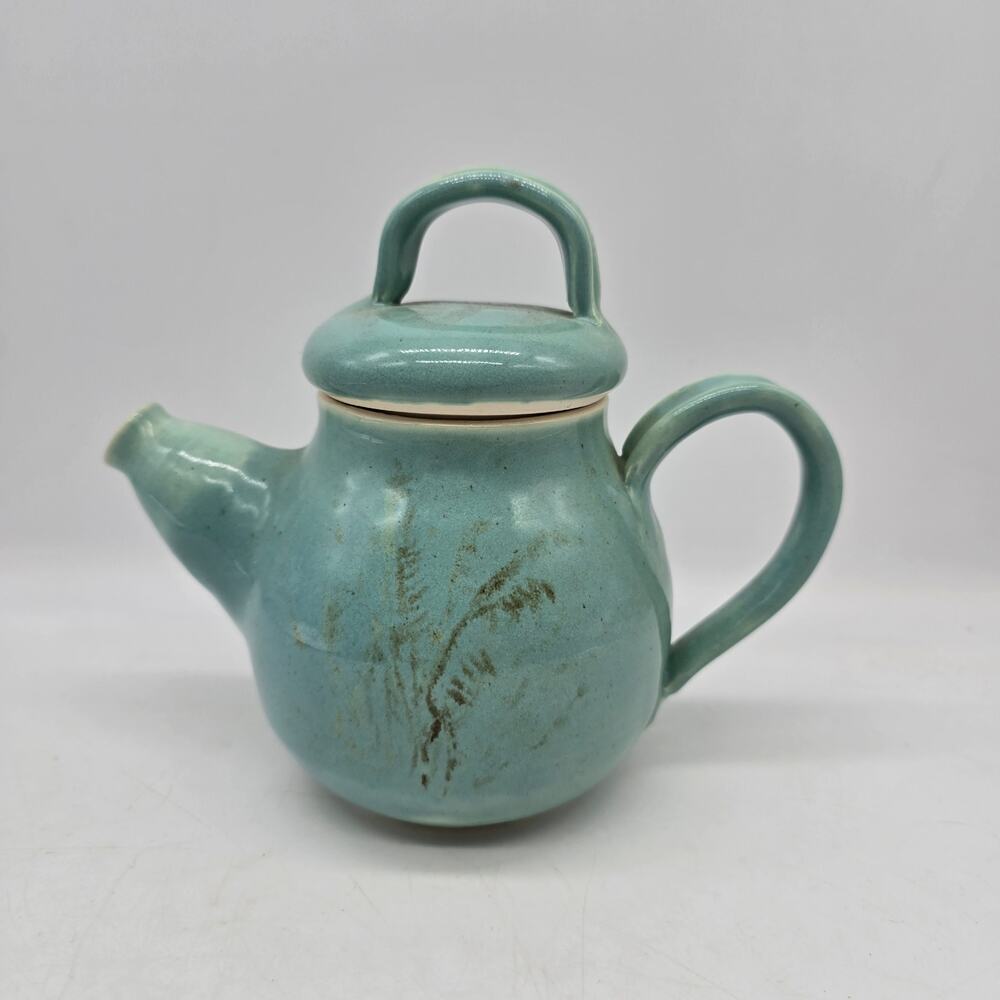 Vintage Handmade Teapot Coffee Kettle Retro Artist Signed Blue and Brown